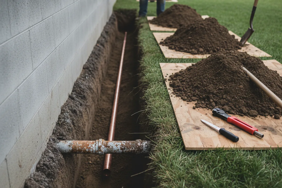Excavated water line trench during Water Heater Repair in Fontana